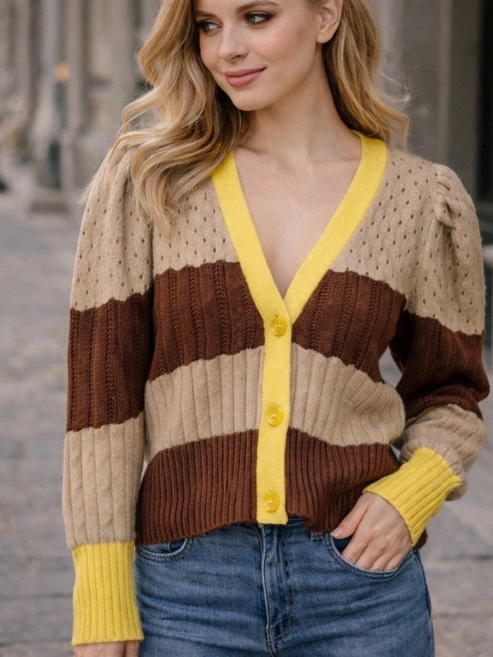 Anthropologie V-Neck Striped Button-Front Cardigan Sweater